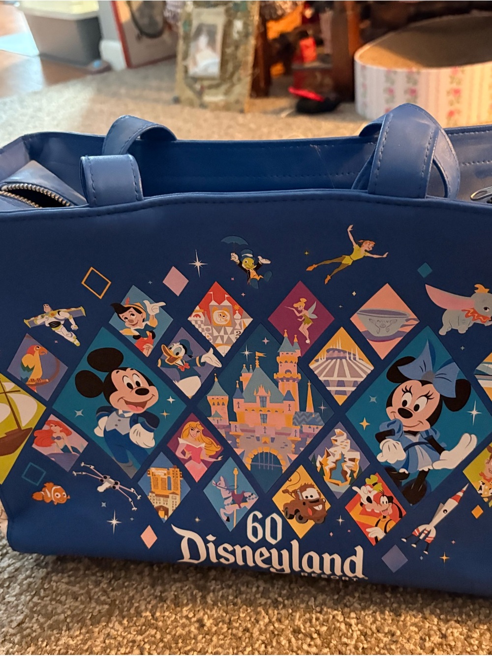Disney Disneyland 60th Anniversary Blue Character Mosaic Travel Bag